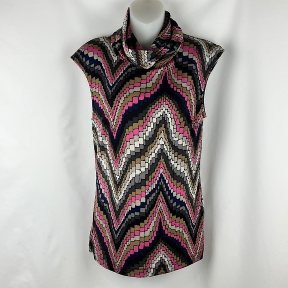 Trina Turk High Neck Geometric Print Silk Blouse Top Pink, Grey, Black Size M